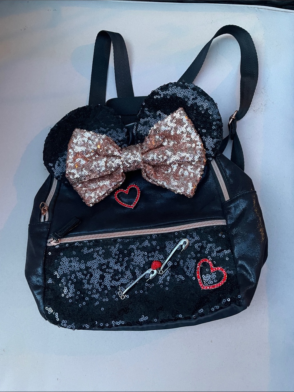 Disney Minnie Mouse Black Sequin Backpack Rose Gold Bow